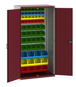 40021117.** Bott cubio kitted cupboard with lockable steel perfo lined doors 1050mm wide x 650mm deep x 2000mm high.  Supplied with Louvre back panels and 60 open fronted plastic containers.   Bin specification:28 x no.2, 20 x no.3, 12 x no.4...